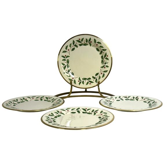 Lenox Holiday Dimension Dinner Plates Holly and Berry Ivory Gold Trim-Set of 4 - Picture 2 of 8